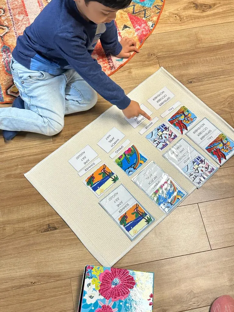 A child laying out picture cards on the floor